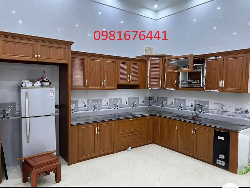 tủ bếp nhôm kính giả gỗ lim tại Nam Từ Liêm Hà Nội