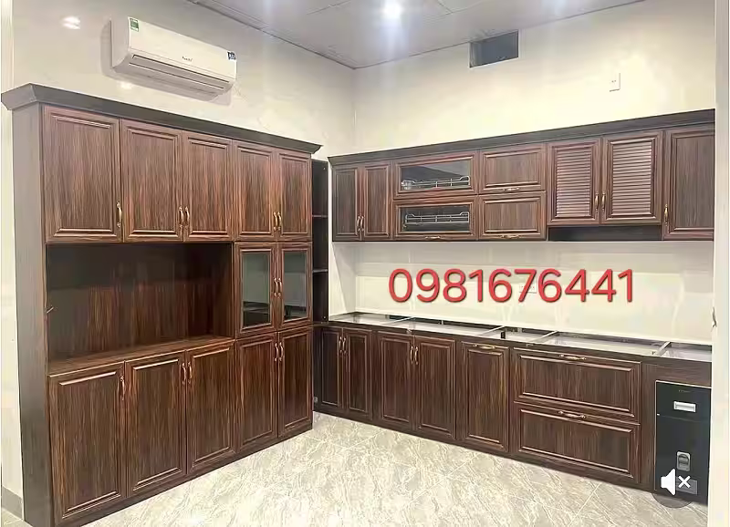 Tủ bếp nhôm kính hà nội màu vân gỗ trắc